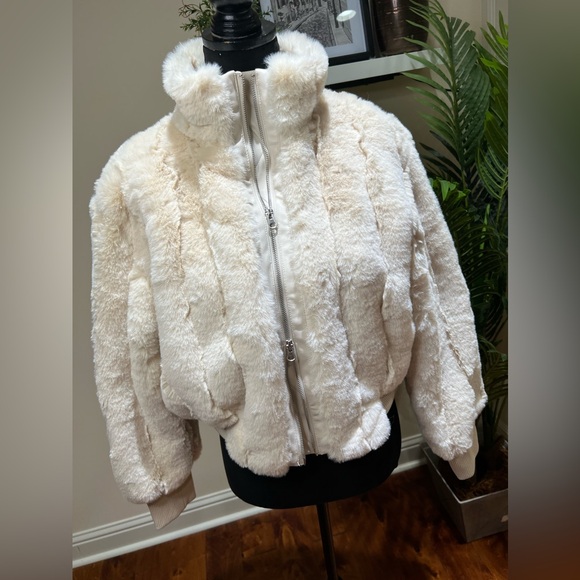 Jason Wu 2 Way Zip Front Faux Fur Ivory Bomber Jacket Coat w/ Pockets Small - Picture 4 of 13